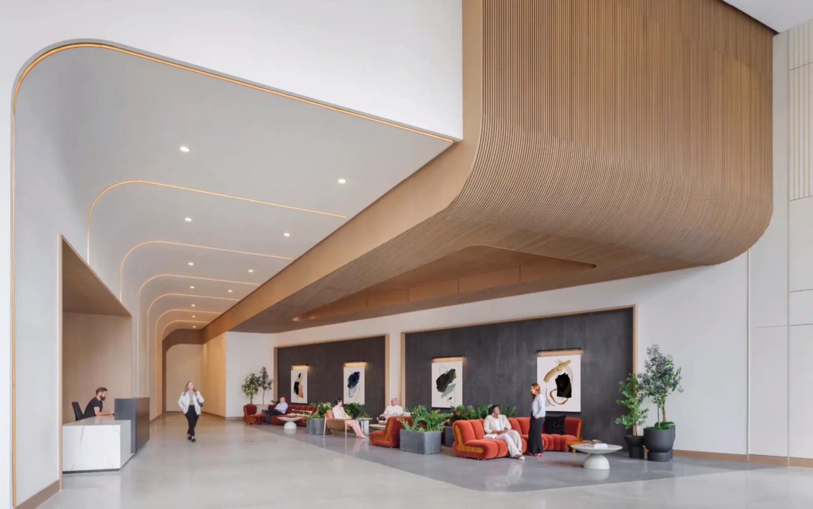 Lobby with wood ceiling and lounge groupings